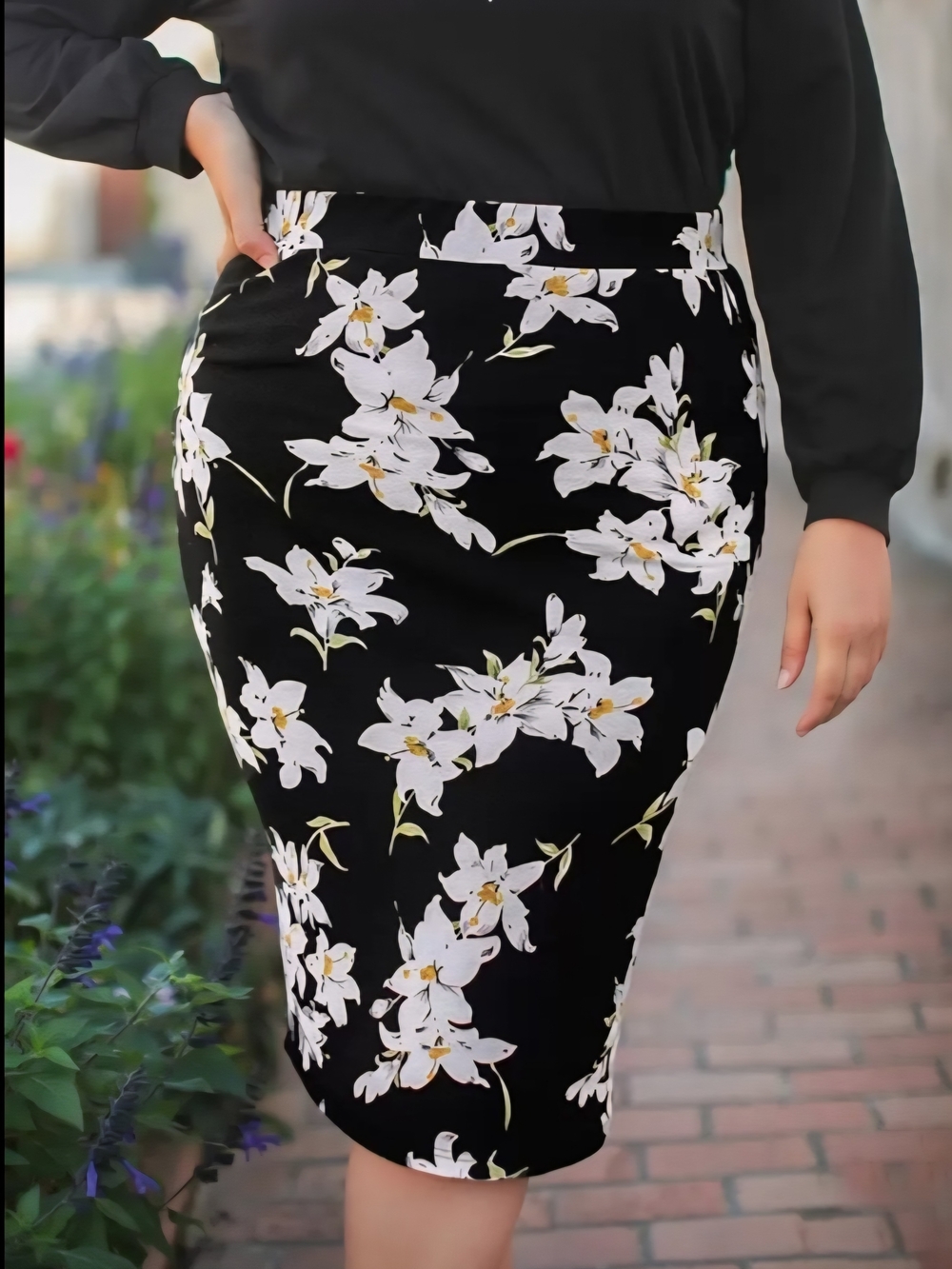 Black Floral Pencil Skirt with White Lily Print